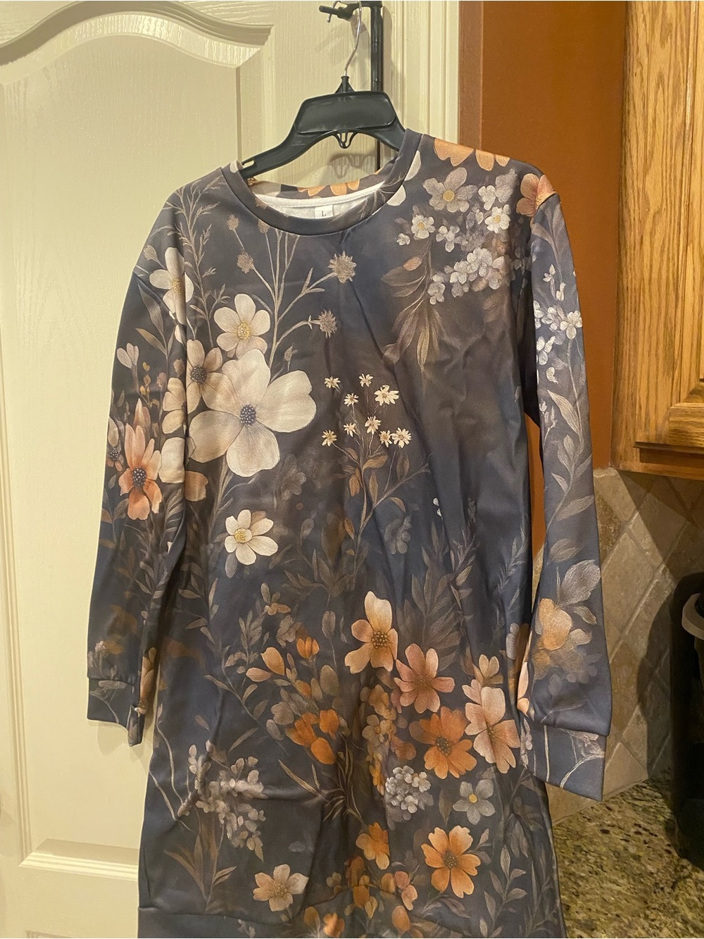 Floral Long Sleeve Girls' Dress Top - Navy with Peach Floral Print